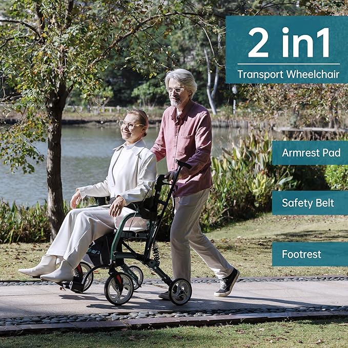 ELENKER 2 in 1 Rollator Walker & Transport Chair for Seniors, Folding Rolling Walker Wheelchair Combo with Wide Seat and Shock Absorber, Green