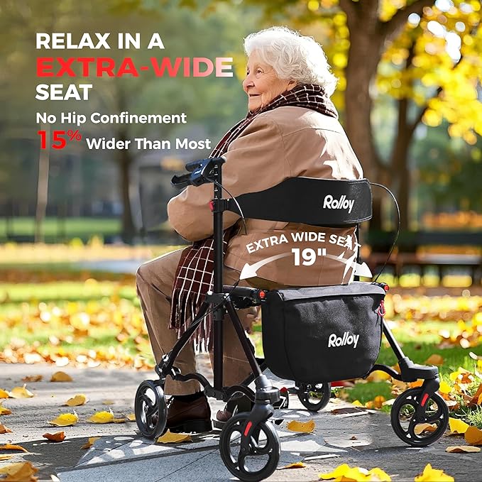 Rollator Walkers for Seniors with Seat, Lightweight Ultra-Compact Travel Rolling Walker, 350lbs Capacity, Heavy-Duty Extra-Wide Seat, Easy Folding, Height Adjustable for Tall Over 6ft, 8" Big Wheels