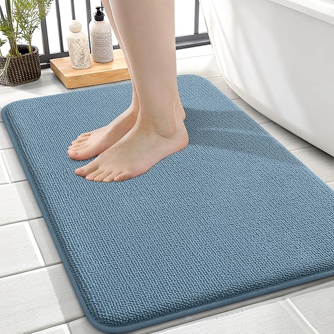 OLANLY Thick Memory Foam Bath Mat Rug 24x16, Extra Soft Absorbent Bathroom Rug, Quick Dry Bath Mats, Non-Slip, Machine Washable Carpet for Bathroom, Tub and Shower, Home Decor Accessories, Airy Blue