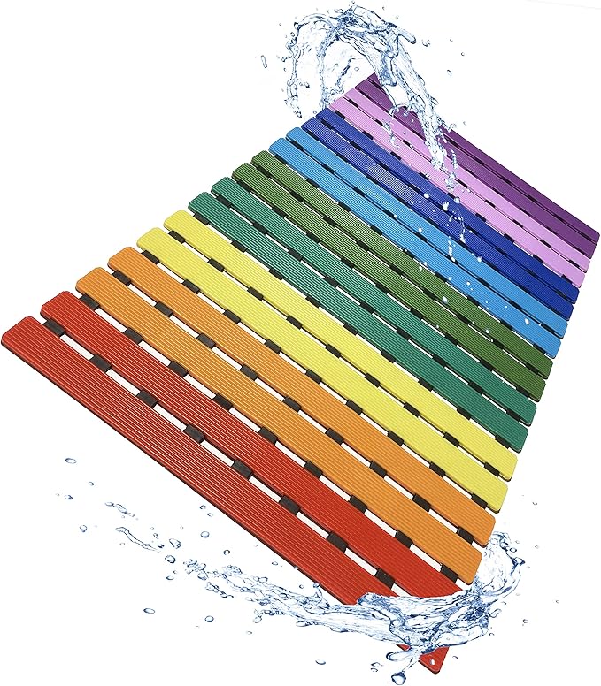 Non Slip Bathtub Mat | Double-Layered Shower Floor Mat with Suction Cups | EZ-Dry Construction | Non-Toxic, BPA, Latex, Phthalate, PVC Free (Rainbow)