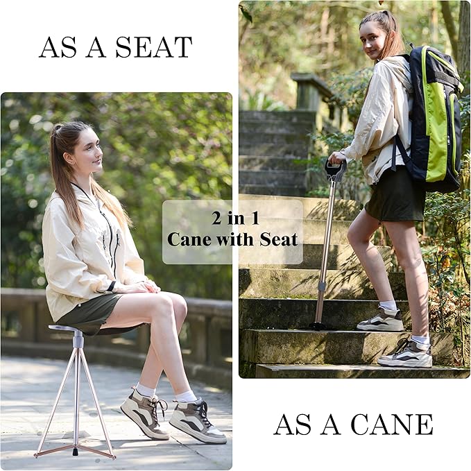 Walking Cane with Seat Folding Lightweight, Portable Cane Seat with Carry Bag, Walking Stick with Seat for Seniors & Adults, Foldable Adjustable Cane Chair for Travel Hiking