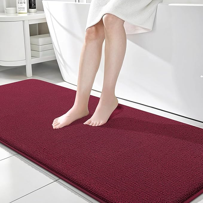 OLANLY Thick Memory Foam Bath Mat Rug 70x24, Extra Soft Absorbent Bathroom Rug, Quick Dry Bath Mats, Non-Slip, Machine Washable Carpet for Bathroom, Tub and Shower, Home Decor Accessories, Burgundy
