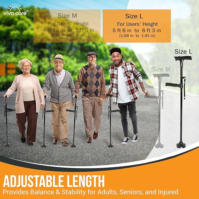 VIVA CARE Walking Cane with Light & Alarm - Foldable, Adjustable, Lightweight, for Balance & Stability for Adults, Seniors, and Injured. [Black]