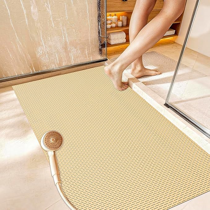 Extra Large Non-Slip Shower Mat, Fast-Dry PVC Bath Stall Tub Mat, Drain-Hole Design for Shower Stall Tub for Elderly/Kids, Non Slip Bath Mat Bathroom Safety Accessory, Khaki 47"x32"