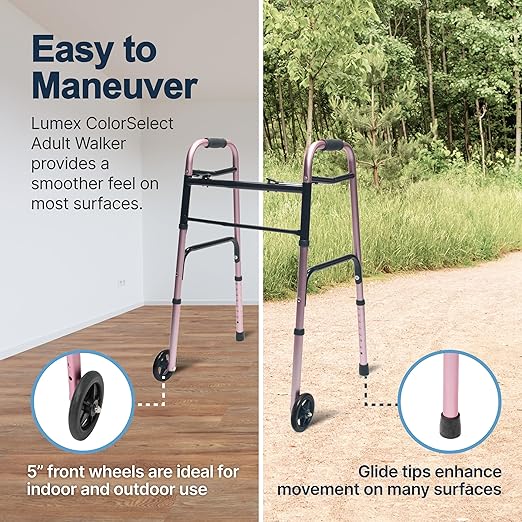 Lumex ColorSelect Walkers for Seniors, Rolling & Folding Adult Walker with Wheels, Pink