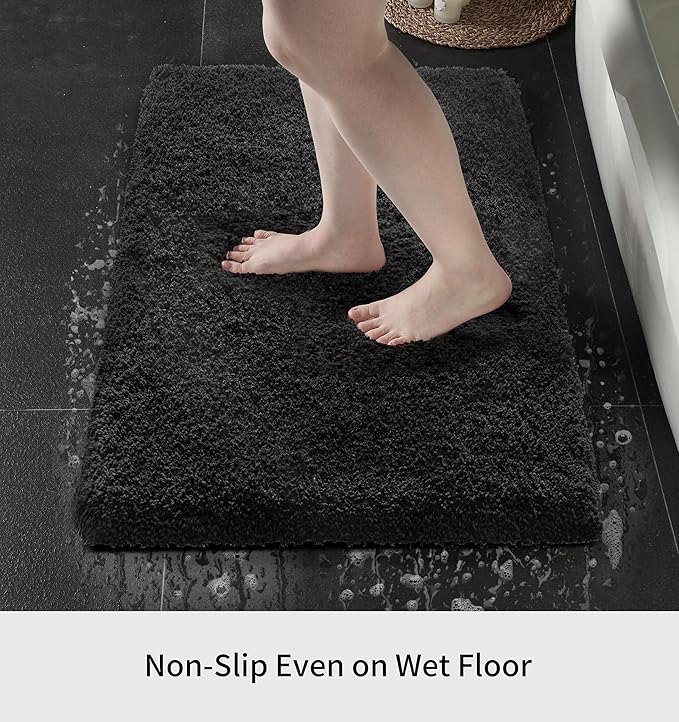 Small Bathroom Rug 17x24 Non Slip Black Fluffy Bath Mat for Bathroom Floor Washable Plush Luxury Bath Rug for Tub Soft Shaggy Shower Mat