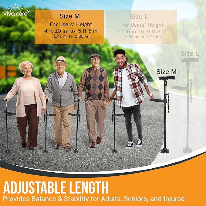 VIVA CARE Walking Cane with Light & Alarm - Foldable, Adjustable, Lightweight, for Balance & Stability for Adults, Seniors, and Injured. [Black]