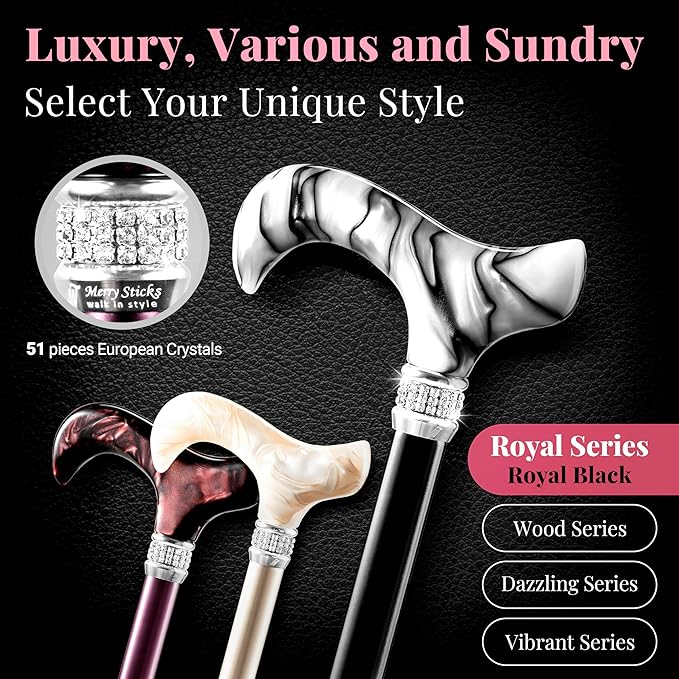 Merry Sticks Designer Foldable Walking Canes with Finest European Crystals, Folding Canes for Women and Men, Adjustable & Collapsible Walking Stick for Seniors, Stylish Rhinestone Gifts - Royal Black
