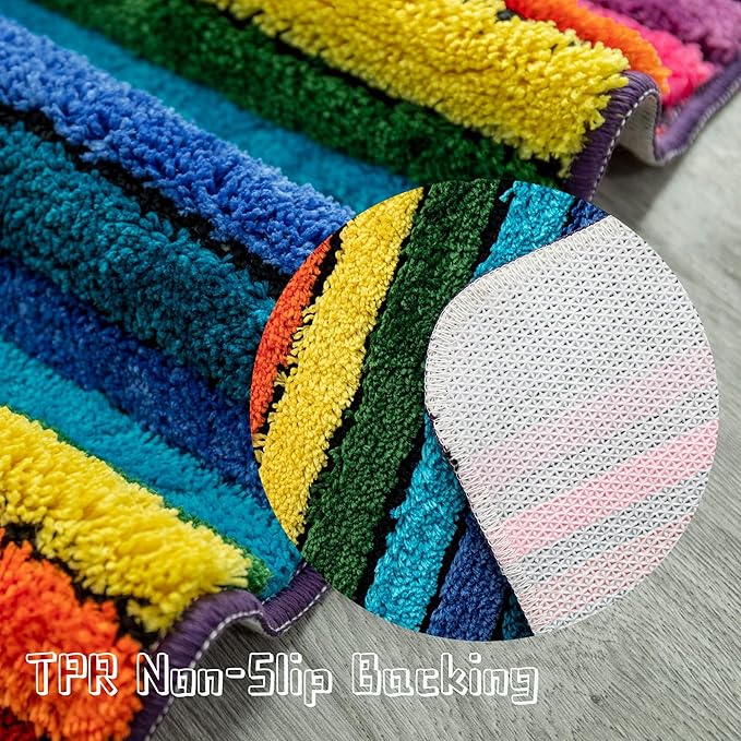 NIENLCIP Rainbow Bath Mat Colorful Striped Floor Bathroom Rugs Super Soft and Absorbent Microfiber Plush Bath Rugs with Non-Slip Backing for Bathroom Machine Washable 19"X27"