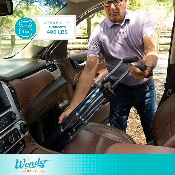 Stander Space Saver Walker, Lightweight Folding Rolling Mobility Aid for Seniors & Adults, Compact 2-Wheel Disability Device with 6-inch Wheels & Ski Glides for Walking Support, Vivid White