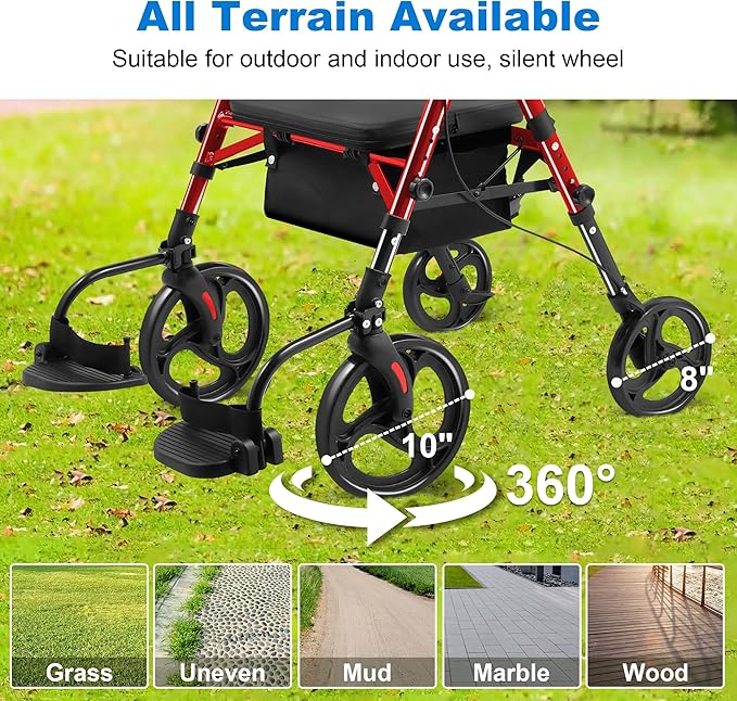 Foldable Rollator Walker with Seat for Seniors & Adults Lightweight 2-in-1 Walker and Wheelchair Combo Adjustable Handle Height and Seat Transport Chair with Brakes 300 lbs Weight Capacity
