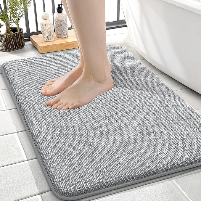 OLANLY Thick Memory Foam Bath Mat Rug 24x16, Extra Soft Absorbent Bathroom Rug, Quick Dry Bath Mats, Non-Slip, Machine Washable Carpet for Bathroom, Tub and Shower, Home Decor Accessories, Light Grey