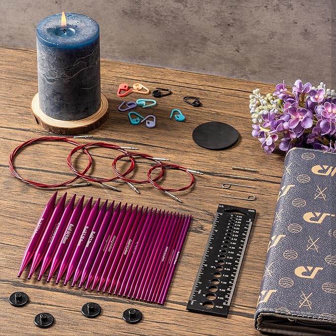 SLPLIRS Circular Knitting Needles Set, 13 Sizes Long Aluminium Interchangeable Circular Knitting Needles Set with Case & Accessories, 5" (13cm) | (2.75mm to 10mm) (Fuchsia)